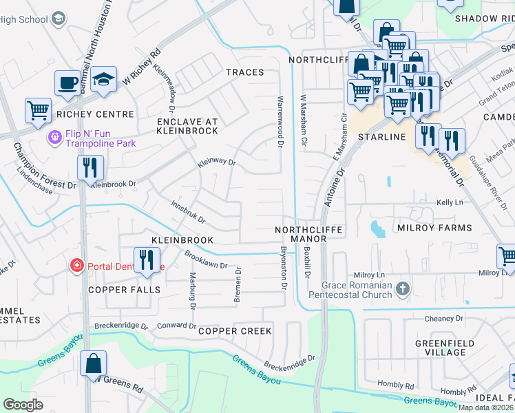 map of restaurants, bars, coffee shops, grocery stores, and more near 3903 Suttonford Drive in Houston