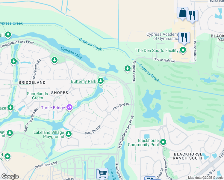 map of restaurants, bars, coffee shops, grocery stores, and more near 17603 Broad Bend Drive in Cypress