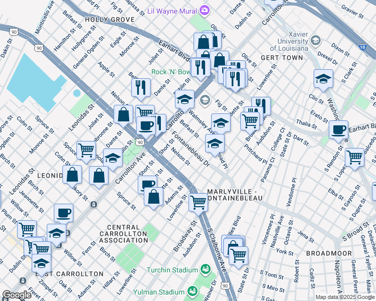map of restaurants, bars, coffee shops, grocery stores, and more near 7803 Nelson Street in New Orleans