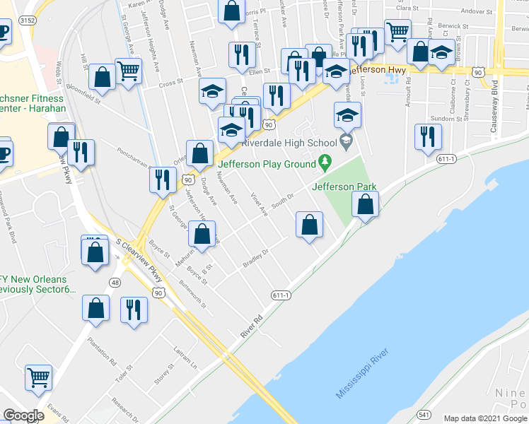 map of restaurants, bars, coffee shops, grocery stores, and more near Vinet Avenue in Jefferson