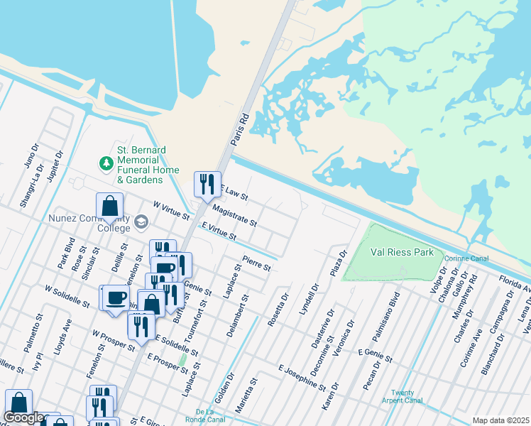 map of restaurants, bars, coffee shops, grocery stores, and more near 513 Magistrate Street in Chalmette