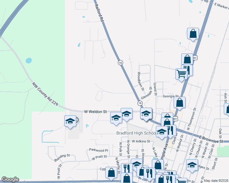 map of restaurants, bars, coffee shops, grocery stores, and more near 1101 Southern Villa Drive in Starke