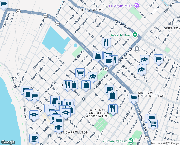 map of restaurants, bars, coffee shops, grocery stores, and more near 8235 Panola Street in New Orleans