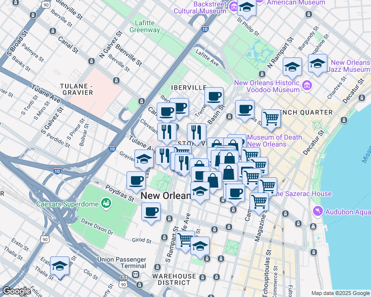 map of restaurants, bars, coffee shops, grocery stores, and more near 127 Elk Place in New Orleans