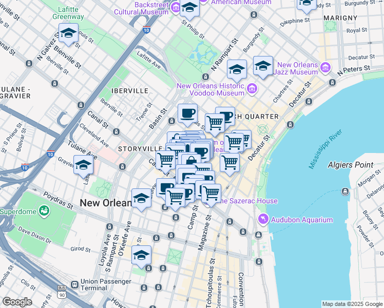 map of restaurants, bars, coffee shops, grocery stores, and more near in New Orleans