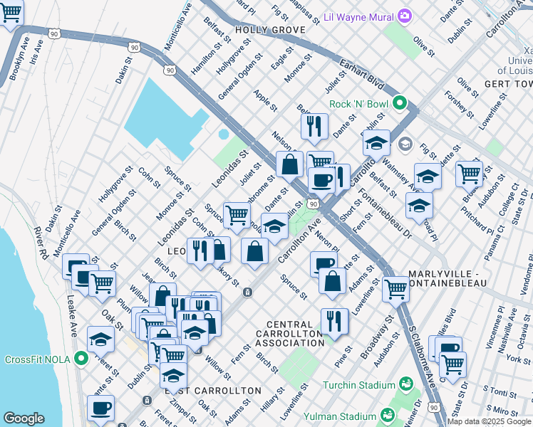 map of restaurants, bars, coffee shops, grocery stores, and more near 8235 Panola Street in New Orleans