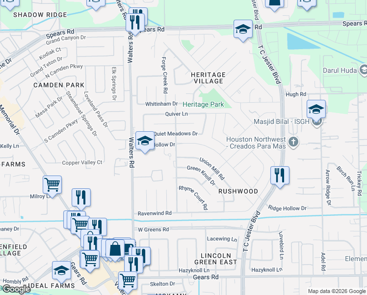 map of restaurants, bars, coffee shops, grocery stores, and more near 2510 Union Mill Road in Houston