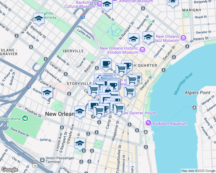 map of restaurants, bars, coffee shops, grocery stores, and more near 810 Bienville Street in New Orleans