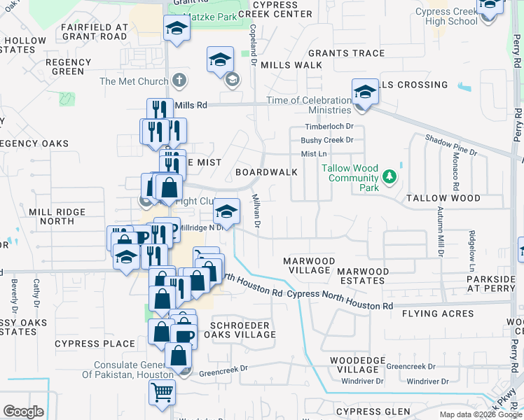 map of restaurants, bars, coffee shops, grocery stores, and more near 12515 Millvan Drive in Houston