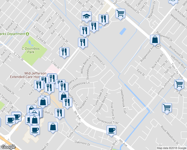 map of restaurants, bars, coffee shops, grocery stores, and more near 4104 Blackberry Lane in Port Arthur