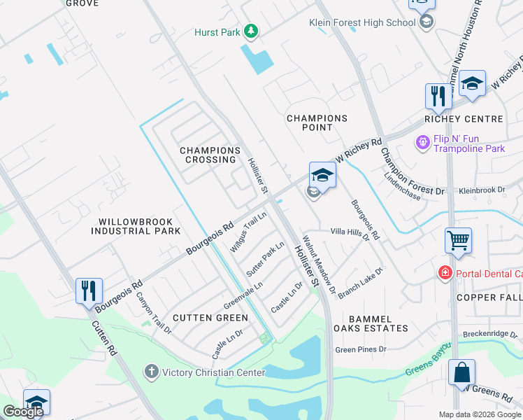 map of restaurants, bars, coffee shops, grocery stores, and more near 11511 Galbreath Drive in Houston