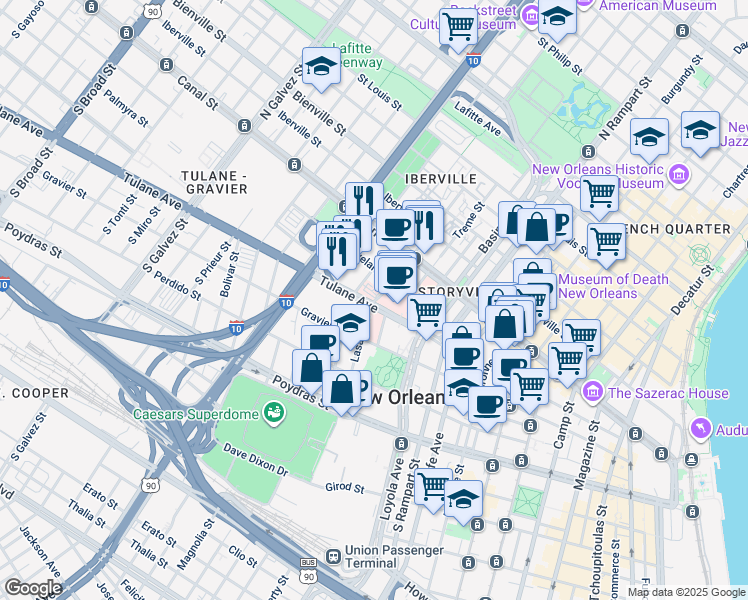 map of restaurants, bars, coffee shops, grocery stores, and more near 1532 Tulane Avenue in New Orleans