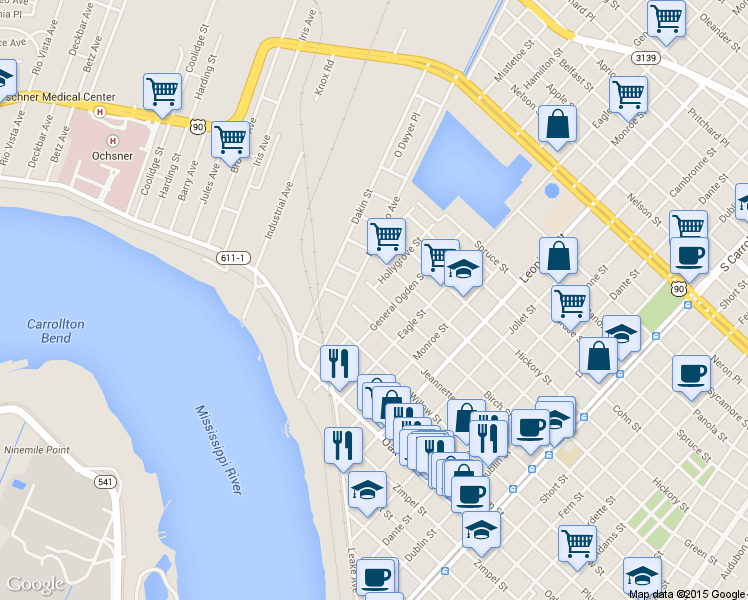 map of restaurants, bars, coffee shops, grocery stores, and more near 1627 Hollygrove Street in New Orleans