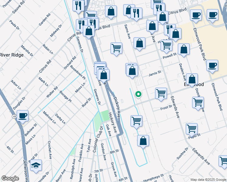 map of restaurants, bars, coffee shops, grocery stores, and more near 1201 Louisiana 3154 in Elmwood