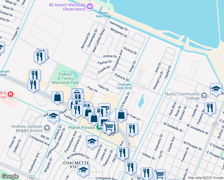 map of restaurants, bars, coffee shops, grocery stores, and more near 8514 Deerfield Drive in Chalmette
