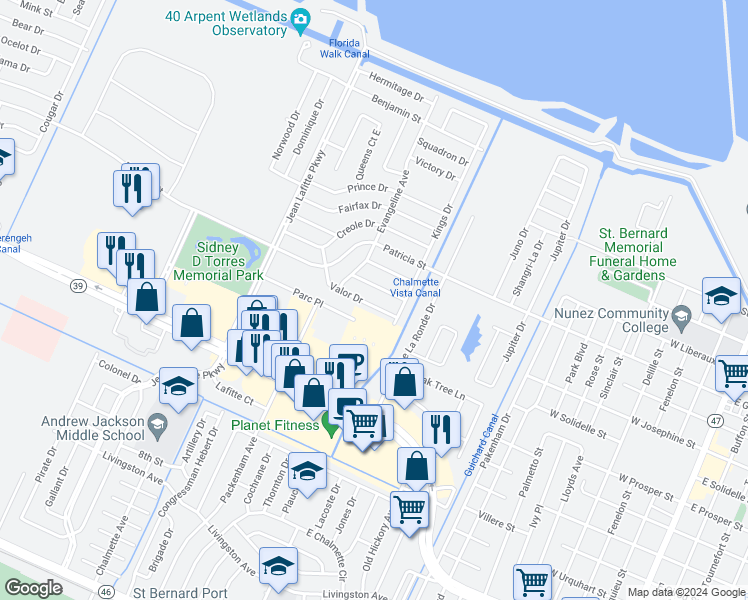 map of restaurants, bars, coffee shops, grocery stores, and more near 8533 Valor Drive in Chalmette