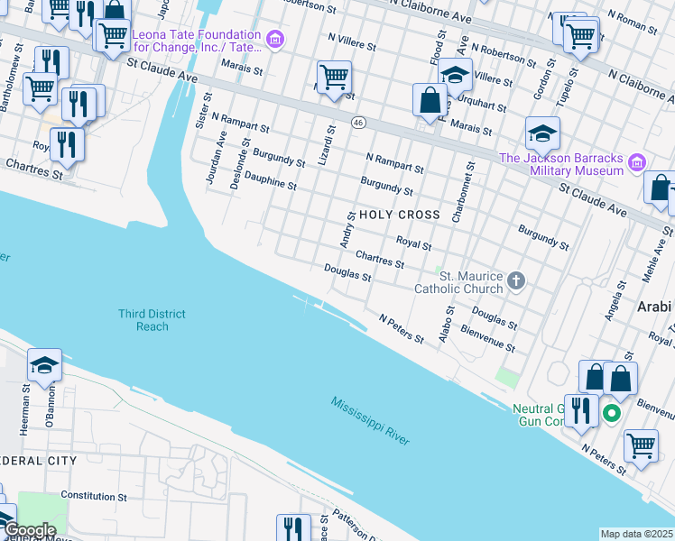 map of restaurants, bars, coffee shops, grocery stores, and more near Andry Street in New Orleans