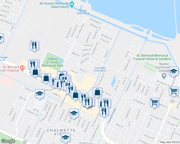 map of restaurants, bars, coffee shops, grocery stores, and more near 8514 Deerfield Drive in Chalmette