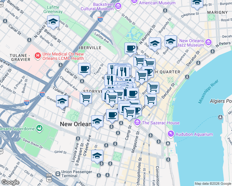 map of restaurants, bars, coffee shops, grocery stores, and more near 231 Burgundy Street in New Orleans