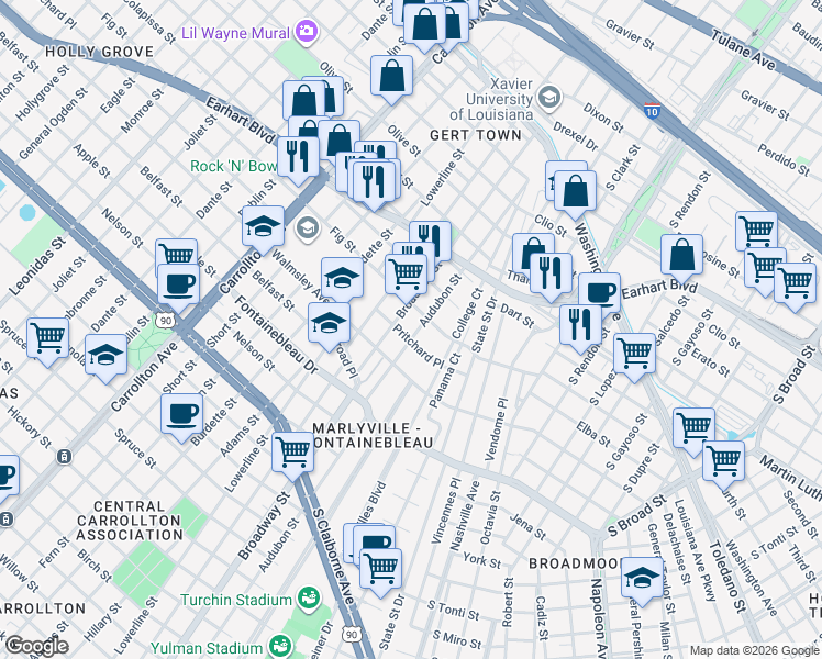 map of restaurants, bars, coffee shops, grocery stores, and more near 7107 Fig Street in New Orleans