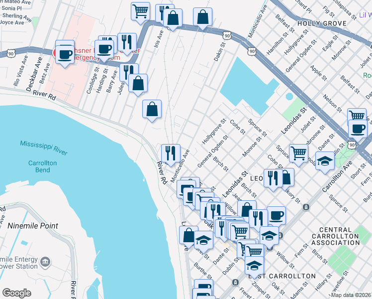map of restaurants, bars, coffee shops, grocery stores, and more near 426 Monticello Avenue in New Orleans