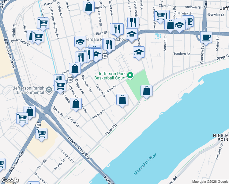map of restaurants, bars, coffee shops, grocery stores, and more near 4229 South Drive in Jefferson