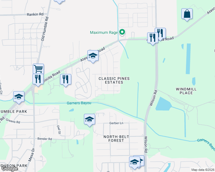 map of restaurants, bars, coffee shops, grocery stores, and more near 3506 Atascocita Elm Drive in Humble