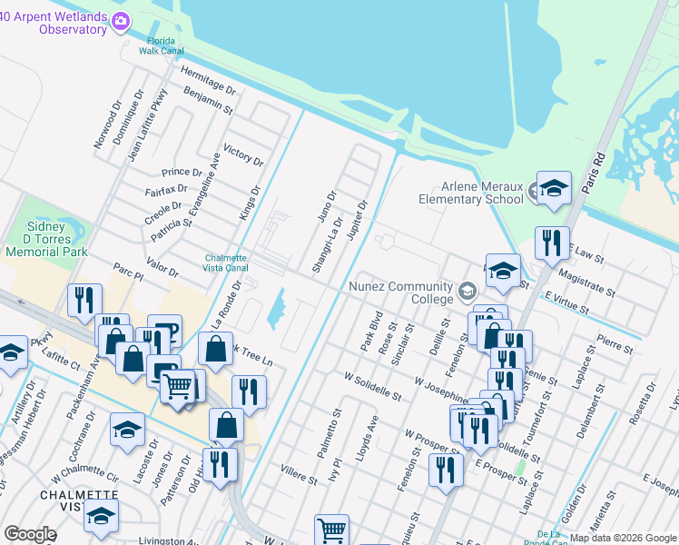 map of restaurants, bars, coffee shops, grocery stores, and more near 3702 Jupiter Drive in Chalmette