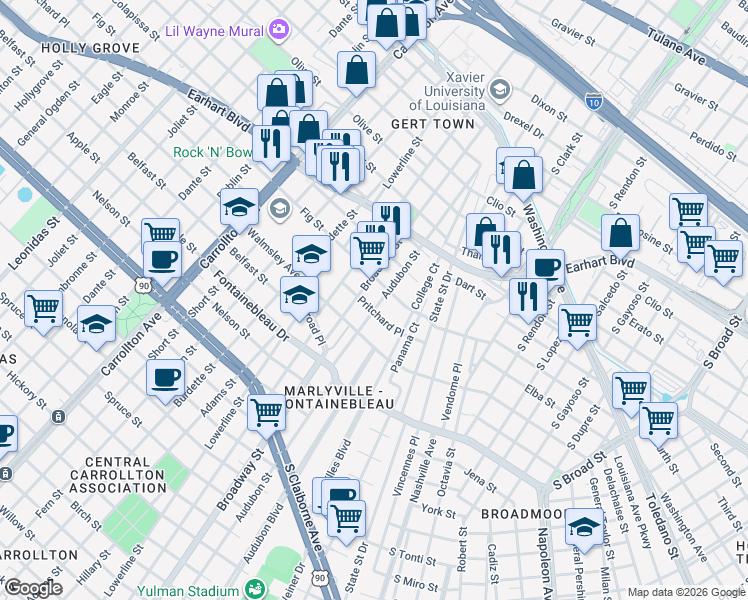 map of restaurants, bars, coffee shops, grocery stores, and more near 7107 Fig Street in New Orleans