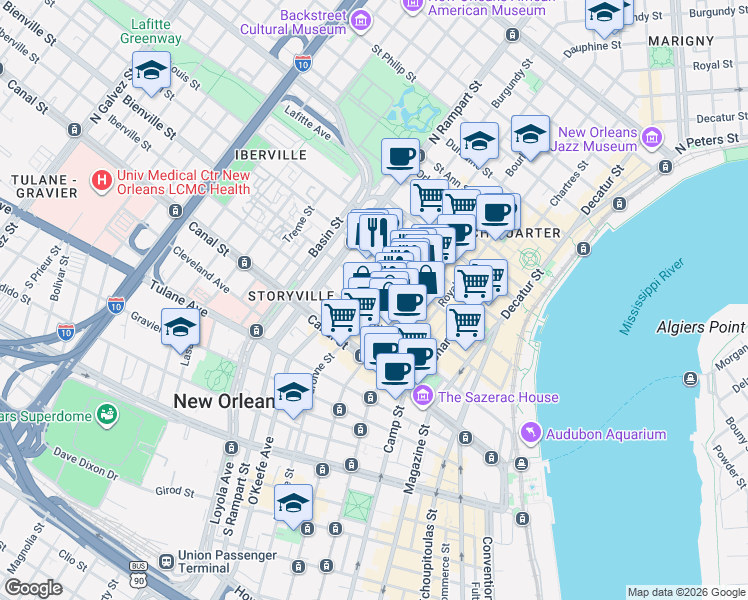 map of restaurants, bars, coffee shops, grocery stores, and more near 231 Dauphine Street in New Orleans
