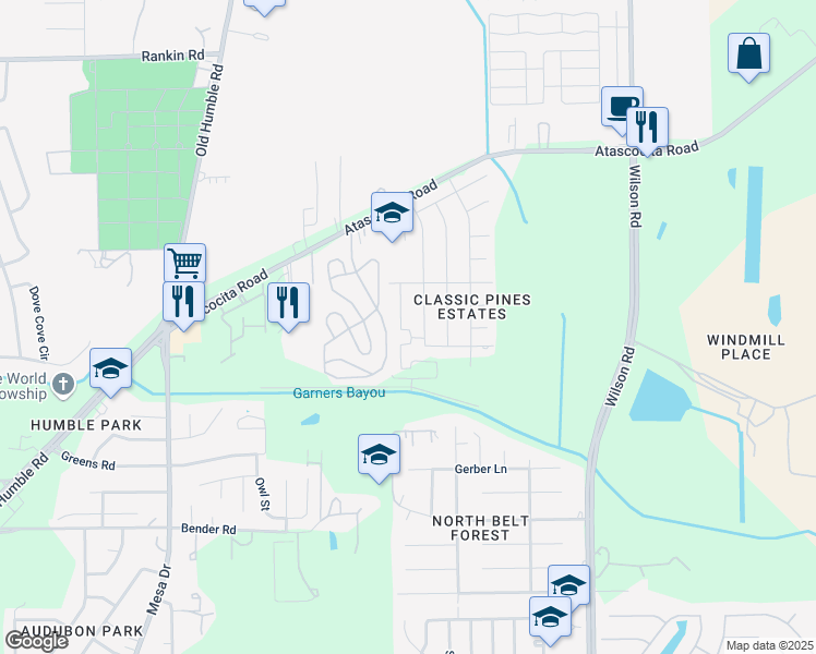 map of restaurants, bars, coffee shops, grocery stores, and more near 3606 Atascocita Plum Court in Humble