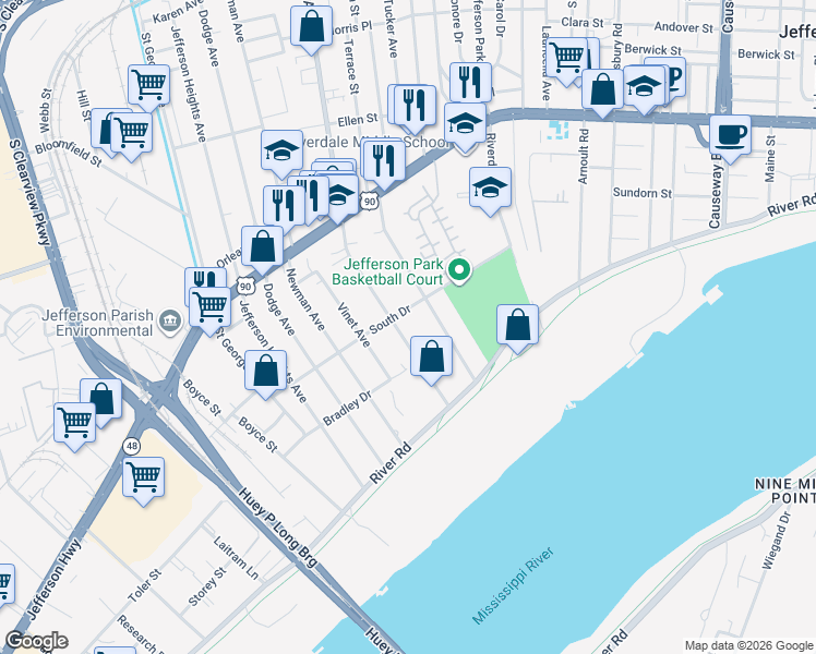 map of restaurants, bars, coffee shops, grocery stores, and more near 4229 South Drive in Jefferson