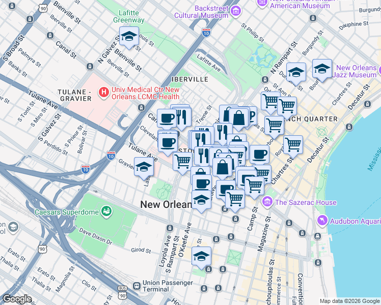 map of restaurants, bars, coffee shops, grocery stores, and more near in New Orleans