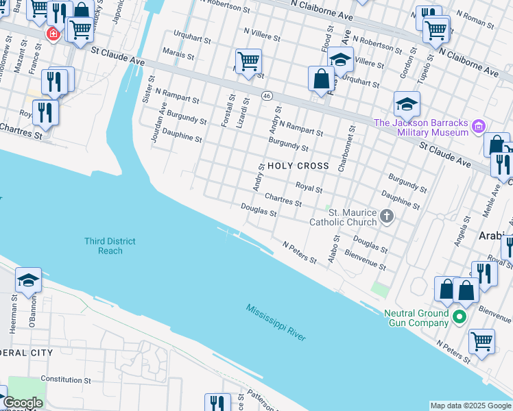 map of restaurants, bars, coffee shops, grocery stores, and more near 5430 Chartres Street in New Orleans