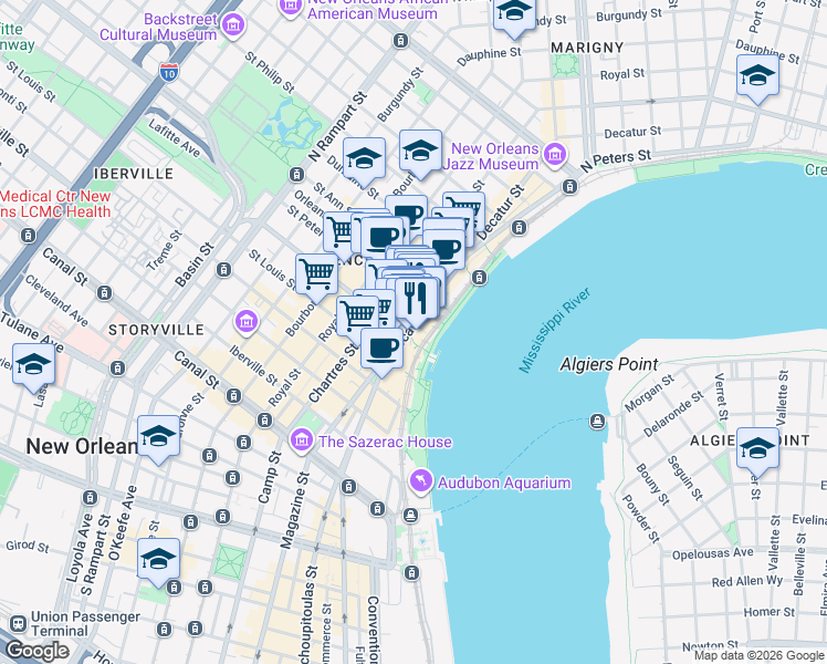 map of restaurants, bars, coffee shops, grocery stores, and more near 627 Decatur Street in New Orleans