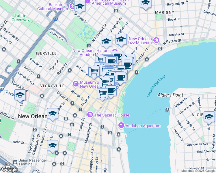map of restaurants, bars, coffee shops, grocery stores, and more near in New Orleans