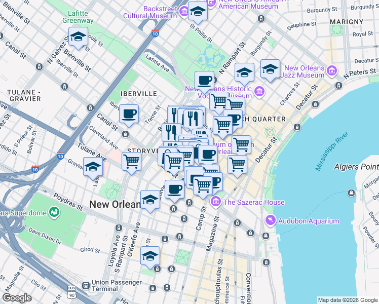 map of restaurants, bars, coffee shops, grocery stores, and more near 231 Burgundy Street in New Orleans