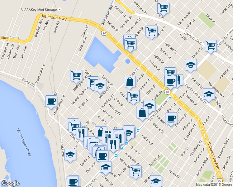 map of restaurants, bars, coffee shops, grocery stores, and more near 8531 Spruce Street in New Orleans