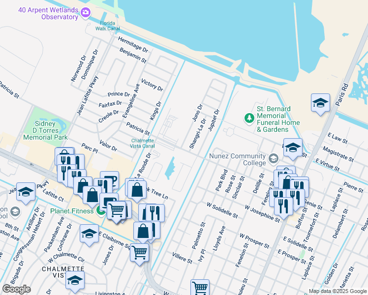 map of restaurants, bars, coffee shops, grocery stores, and more near 3617 Juno Drive in Chalmette