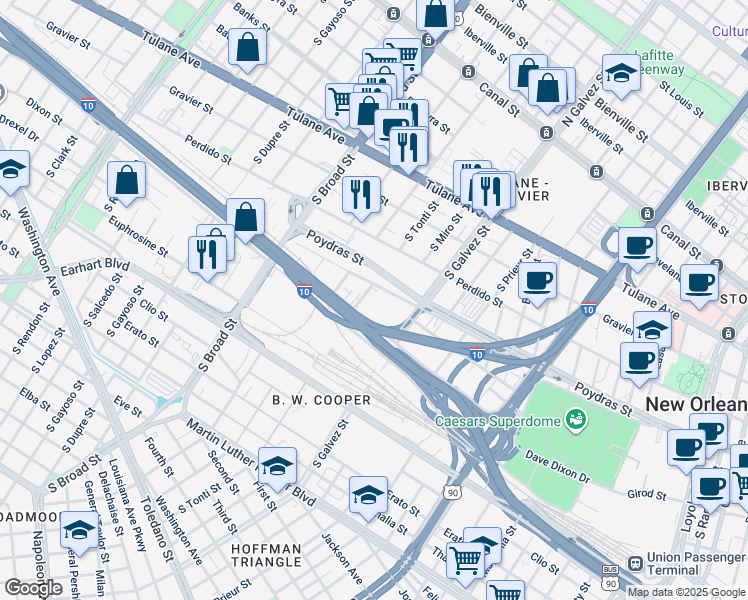 map of restaurants, bars, coffee shops, grocery stores, and more near 2400 Poydras Street in New Orleans