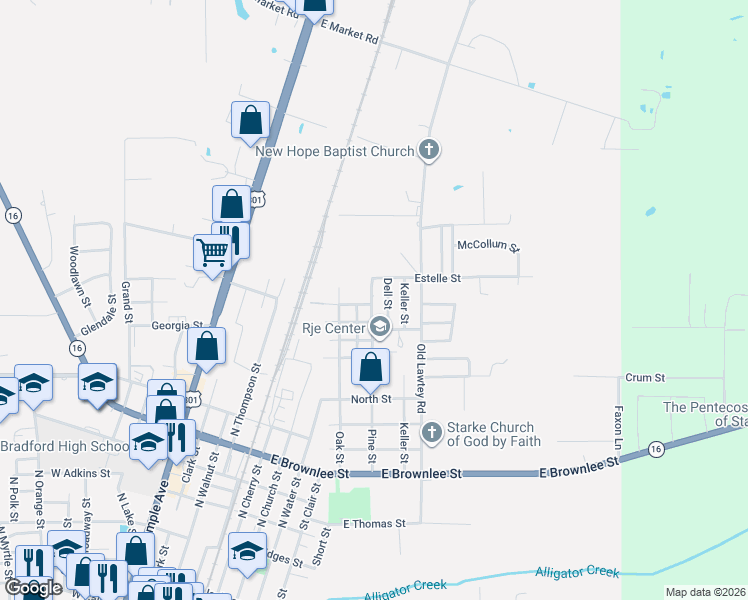 map of restaurants, bars, coffee shops, grocery stores, and more near 5573 Northwest 177th Street in Starke