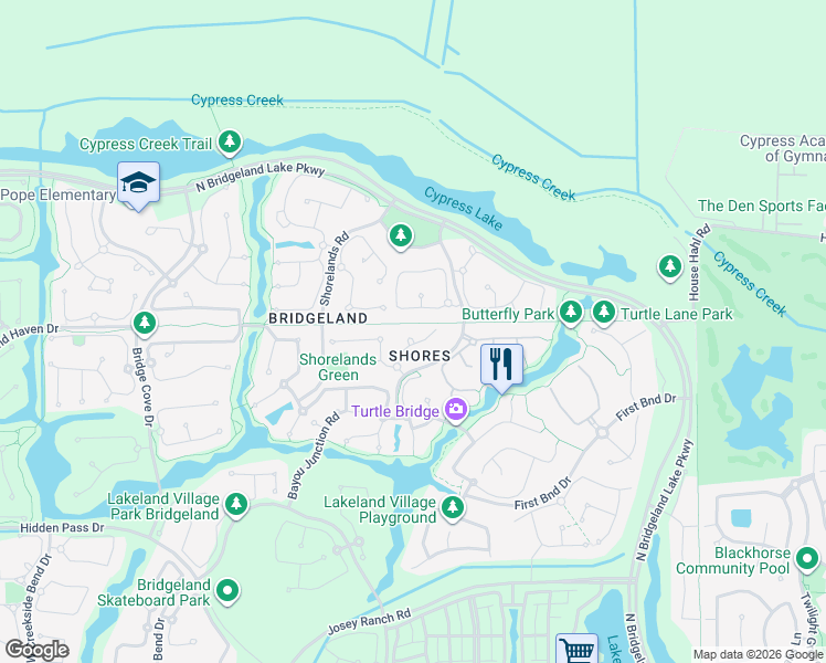 map of restaurants, bars, coffee shops, grocery stores, and more near 18323 West Elizabeth Shore Loop in Cypress