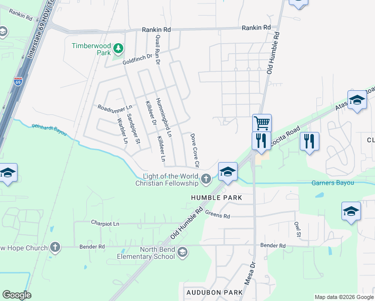 map of restaurants, bars, coffee shops, grocery stores, and more near 3211 Quail Run Drive in Humble