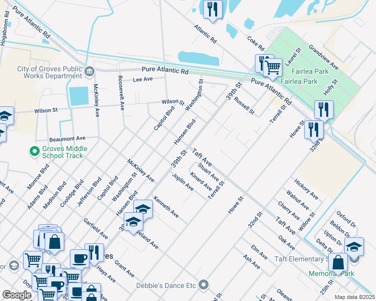 map of restaurants, bars, coffee shops, grocery stores, and more near 6900-6924 39th Street in Groves
