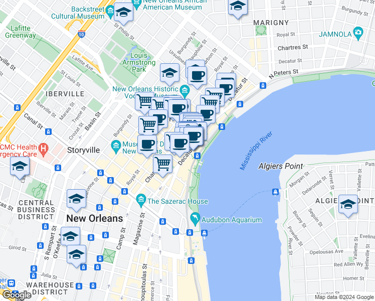 map of restaurants, bars, coffee shops, grocery stores, and more near 627 Decatur Street in New Orleans