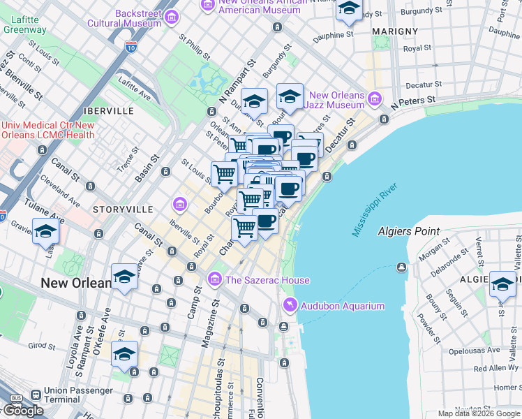 map of restaurants, bars, coffee shops, grocery stores, and more near in New Orleans