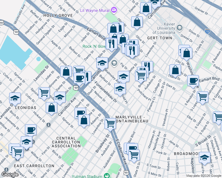 map of restaurants, bars, coffee shops, grocery stores, and more near 7803 Belfast Street in New Orleans