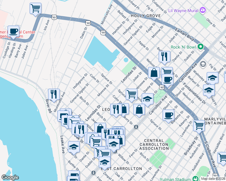 map of restaurants, bars, coffee shops, grocery stores, and more near 1919 Monroe Street in New Orleans