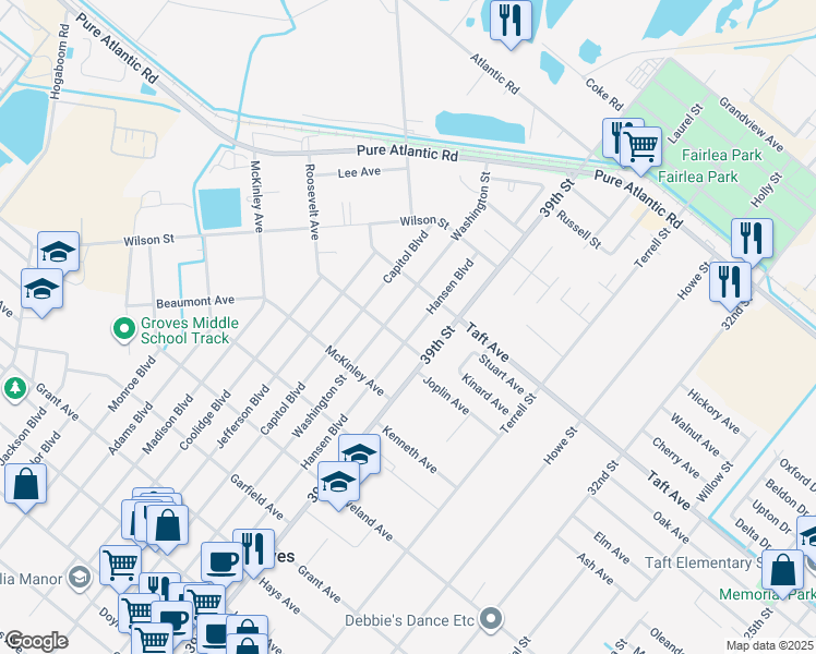 map of restaurants, bars, coffee shops, grocery stores, and more near 6838 Washington Boulevard in Groves