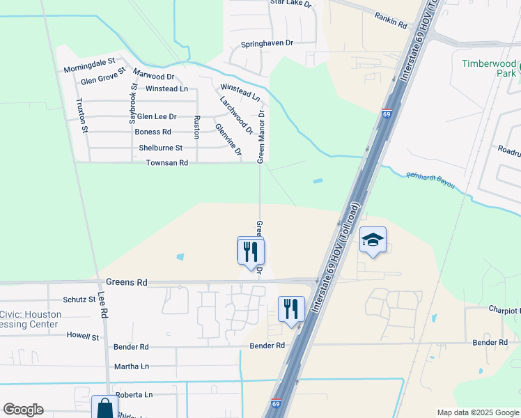 map of restaurants, bars, coffee shops, grocery stores, and more near 16223 Green Manor Drive in Humble